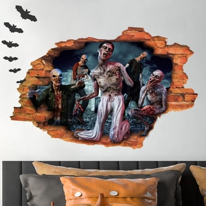 Macro detail of 3D cracked wall zombie decal and black bat silhouette wall stickers
