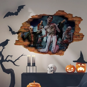 3D Halloween wall decal featuring realistic zombies breaking through a red brick wall