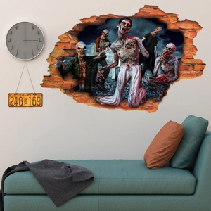 3D realistic zombie breaking through wall sticker for Halloween home decor in living room