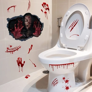 3D Halloween blood handprints and zombie girl wall stickers for toilet and bathroom decor