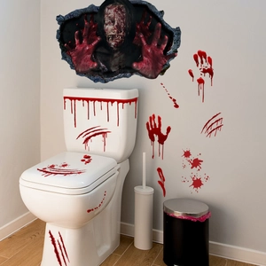 Halloween 3D zombie woman and bloody handprints wall stickers for bathroom decor