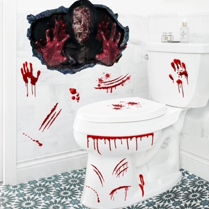 3D Halloween wall decals featuring zombie girl and bloody handprints in bathroom decor