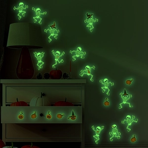 Luminous Halloween wall stickers featuring glowing green skeletons and pumpkins
