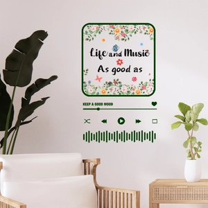 Modern music player style wall decal with green floral patterns and butterfly accents