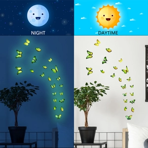 Glow in the dark butterfly wall stickers showing daytime and nighttime luminous effect
