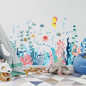 Detailed view of colorful ocean sea creatures wall stickers in a cozy child's bedroom