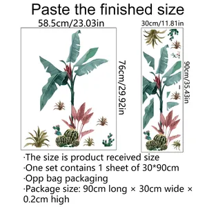 Tropical green leaf wall stickers dimensions guide showing finished sizes and packaging details