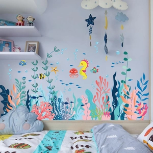 Detail of underwater world wall stickers with sea horse, fish, and coral in nursery room