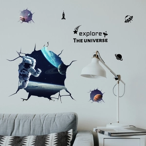 3D space wall stickers featuring astronaut and planet with explore the universe text