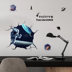 Close-up of 3D space theme wall stickers featuring astronauts and planets for room decor
