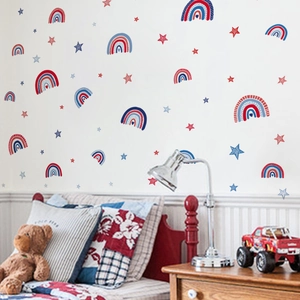 Rainbow and stars wall stickers set for kids bedroom decor with red and blue tones