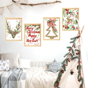 Set of 4 Christmas wall stickers with watercolor reindeer and tree in wood frames