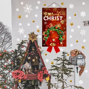 Λεπτομερής προβολή σημαίας Merry Christmas με εορταστικό στεφάνι και κόκκινο φιόγκο