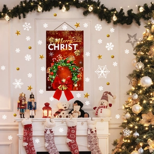 Κόκκινο πανό Merry Christmas με στεφάνι και χρυσά κουδούνια για διακόσμηση τοίχου
