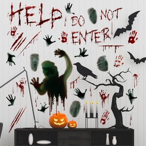Halloween Wandaufkleber Detail mit blutigem HELP Text, Handabdrücken und Geistern