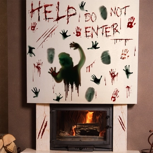 Detail von Halloween-Bluthandabdrücken und Geistersilhouetten für Wanddekoration am Kamin