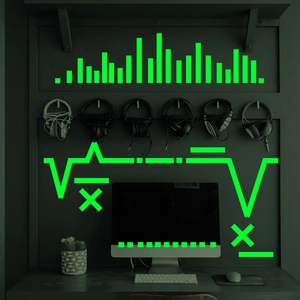 Luminous wall stickers with green neon audio equalizer and geometric symbols for gaming room
