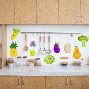 Kitchen wall stickers featuring nine cartoon fruits and vegetables with cute faces