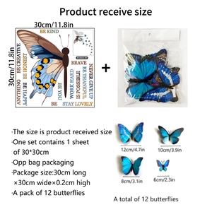 Detailed size specifications for 3D butterfly wall stickers with inspirational text