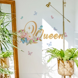 Autocollant Mural PVC Auto-Adhésif Paillettes Dorées Lettre Queen Fleur Papillon Décor Pour Chambre Salon