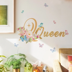 Stickers muraux Queen dorés avec fleurs et papillons pour la décoration de la chambre