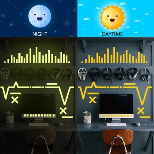 Luminous wall stickers showing day and night contrast with green fluorescent glow effect