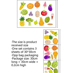 Colorful vegetable and fruit wall stickers for kitchen fridge with size chart specifications
