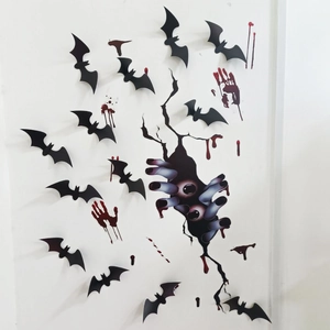 3D Halloween Wandtattoo mit schwarzen Fledermäusen, Bluthänden und Monsteraugen Dekor
