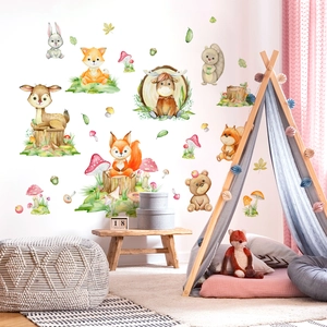 Wandsticker Waldtiere für Kinderzimmer mit Reh Fuchs Eichhörnchen im Aquarell-Stil