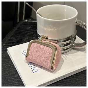 Pink lychee texture mini jewelry pouch with gold metal clasp on a book background