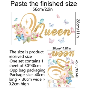 Stickers muraux Queen dorés avec papillons colorés et fleurs pour décoration