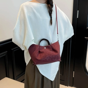 Chic dark red leopard print tote bag with ruched texture and top handle for women
