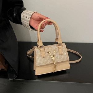 Bolso de Mano para Mujer de Cuero Sintético con Lentejuelas Brillantes Nicho Francés Bolso Cuadrado Pequeño Con Logotipo V de Metal Borla Bandolera Moda Fiesta