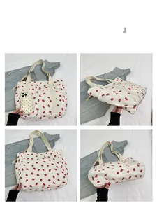 Four-angle view of corduroy tote bag with strawberry print and side pocket detail
