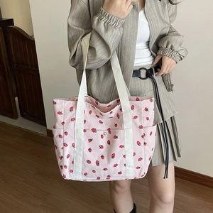 Pink corduroy strawberry tote bag for women with large capacity for daily commuting