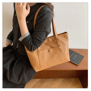 Detail of crocodile-textured brown tote bag showing front pocket and strap attachment