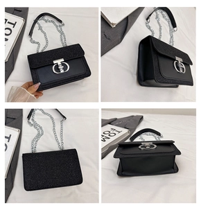 Detailed four-angle view of black sequined chain shoulder bag with silver cross lock