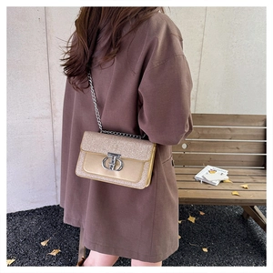 Detail of champagne gold chain bag with horseshoe buckle and textured flap on a blazer