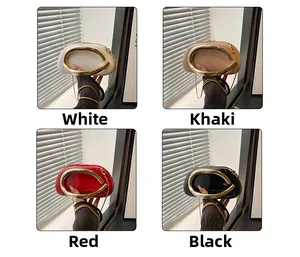 Detailed grid view of elegant evening handbags in white, khaki, red, and black with metal chain