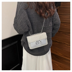Detail of silver chain crossbody bag with metallic ring buckle and textured flap surface