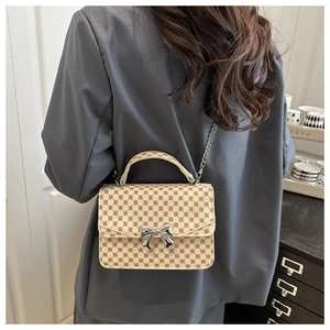 Detail of vintage patterned crossbody bag with silver bow buckle and chain strap
