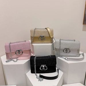 Sparkly sequin crossbody bags with chain straps in pink, gold, silver and black colors