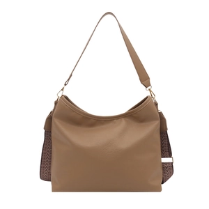Brown leather Hobo tote bag with bohemian woven wide shoulder strap for casual style