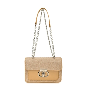 Fashionable beige sequined shoulder bag with metallic clasp and chain strap for women