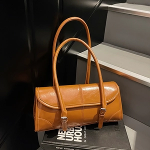 Vintage PU Leather Underarm Bag For Women Large Capacity Shoulder Bag Flap Belt Buckle French Retro Style Baguette Bag