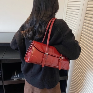Large capacity wine red faux leather shoulder bag with vintage buckle details