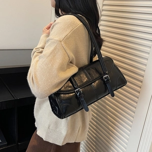 Chic black oily leather baguette shoulder bag for women with vintage buckle design