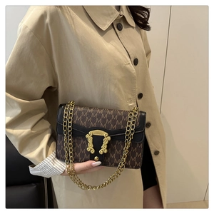 Detail of monogram shoulder bag with gold chain strap and ornate metal buckle lock