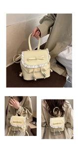 Detail of cream mini backpack with lace trim and leather bow decoration for women