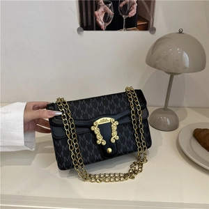 Vintage Monogram Letter Print PU Leather Shoulder Bag For Women Gold Chain Crossbody Bag Luxury Buckle Small Square Purse